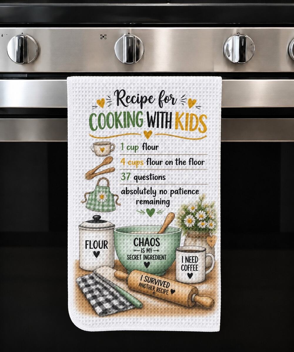 Recipe for Cooking With Kids Funny Kitchen Towel Farmhouse Decor